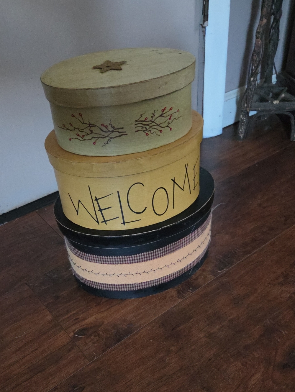 Welcome Stacked Decorative Storage Boxes - Yellow, Black, Cream - Picture 1 of 1